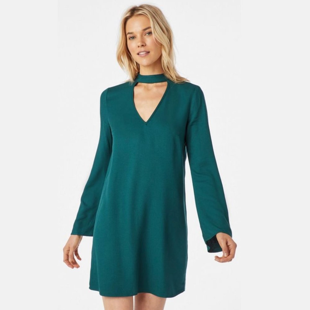 Justfab Choker Shift Dress, green long sleeve mini short dress